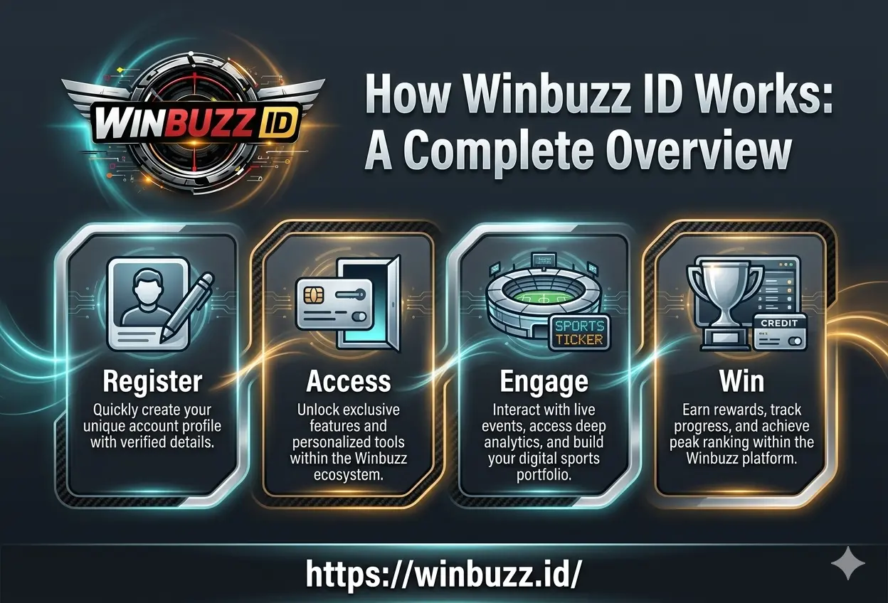 Dark-themed Winbuzz ID workflow banner showing four steps—Register, Access, Engage, and Win—with glowing UI cards and futuristic design.