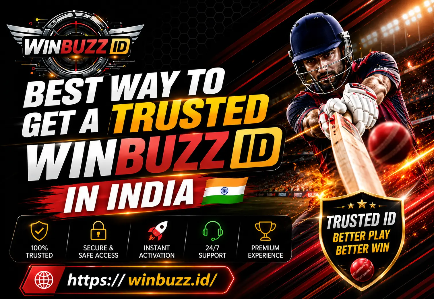 Trusted Winbuzz ID India banner with cricket batsman and powerful shot action