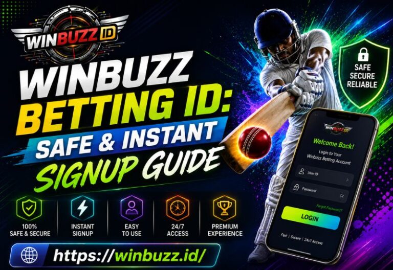 Winbuzz betting ID signup banner with cricket player and secure mobile login interface