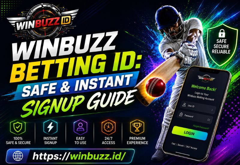 Winbuzz betting ID signup banner with cricket player and secure mobile login interface