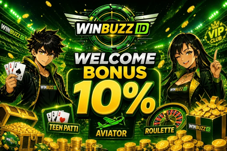 Green and yellow themed Winbuzz ID welcome bonus banner with 10% offer, featuring casino games like Teen Patti, Aviator, and Roulette with animated characters and gold coins.