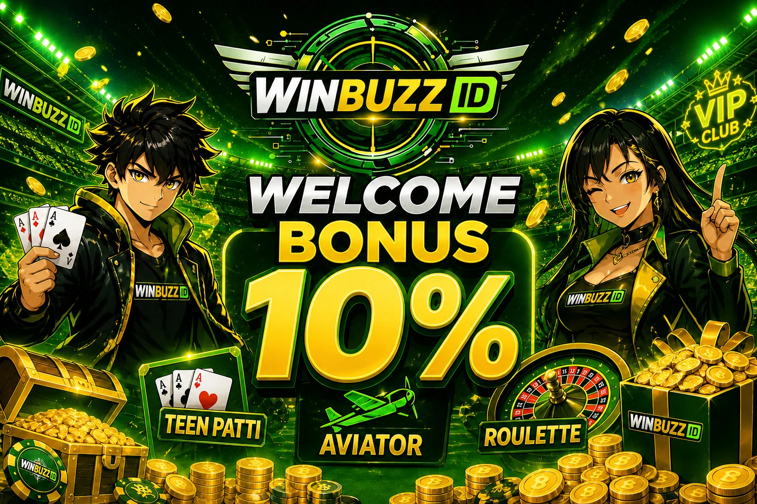 Green and yellow themed Winbuzz ID welcome bonus banner with 10% offer, featuring casino games like Teen Patti, Aviator, and Roulette with animated characters and gold coins.