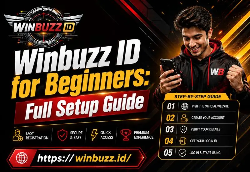 Modern Winbuzz ID promotional banner featuring sporty design, glowing effects, step-by-step guide, and official website link.