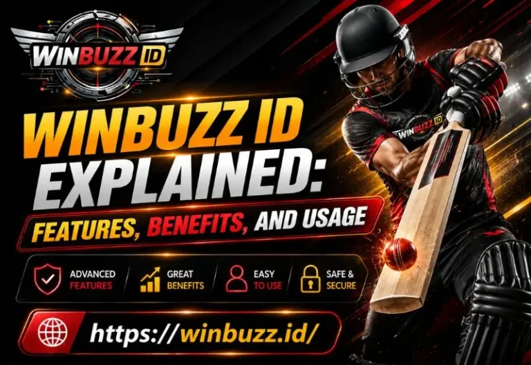 Winbuzz ID explained banner with cricket batsman highlighting features and benefits
