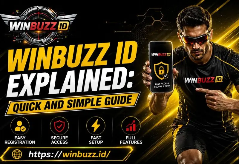 Dynamic Winbuzz ID promotional banner featuring athlete with smartphone, bold typography, and glowing yellow-black theme.