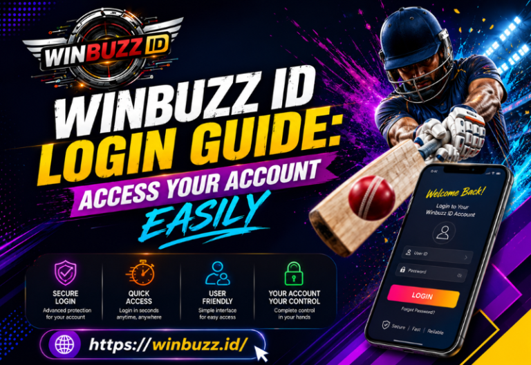 Winbuzz ID login guide banner with cricket player and mobile account access screen