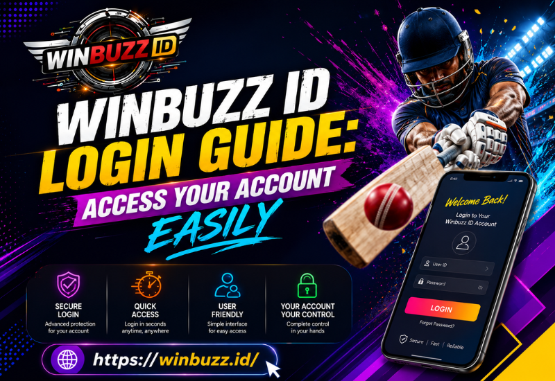 Winbuzz ID login guide banner with cricket player and mobile account access screen