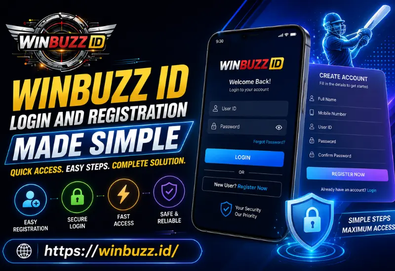Futuristic Winbuzz ID login and registration banner with smartphone interface, neon blue theme, and secure access icons.