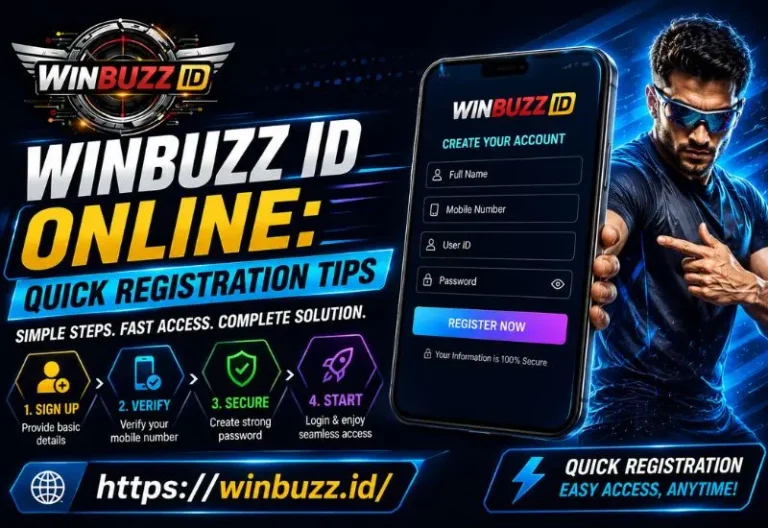 Bright Winbuzz ID registration banner with energetic colors, smartphone signup screen, and quick tips highlights.