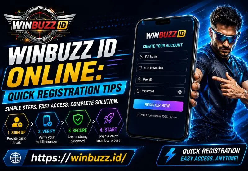 Bright Winbuzz ID registration banner with energetic colors, smartphone signup screen, and quick tips highlights.