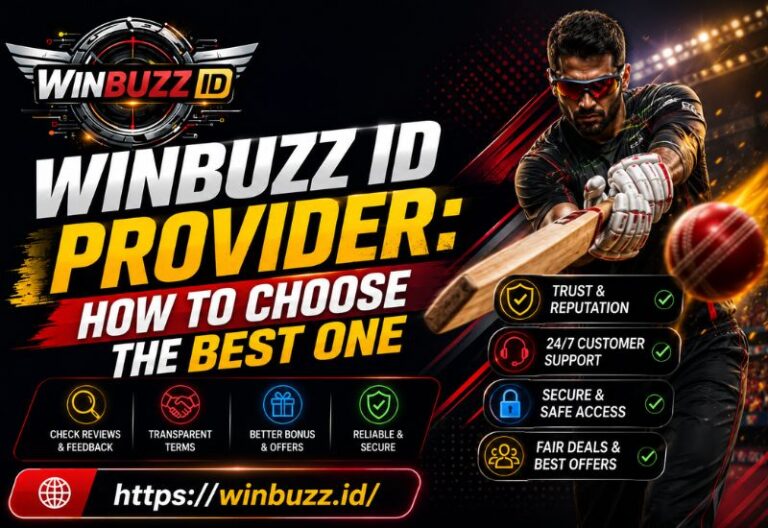 Winbuzz ID provider banner with cricket player and guide to choosing best platform