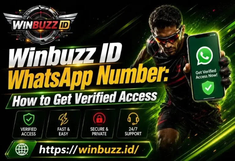 Winbuzz ID WhatsApp number banner with athlete holding phone showing verified access