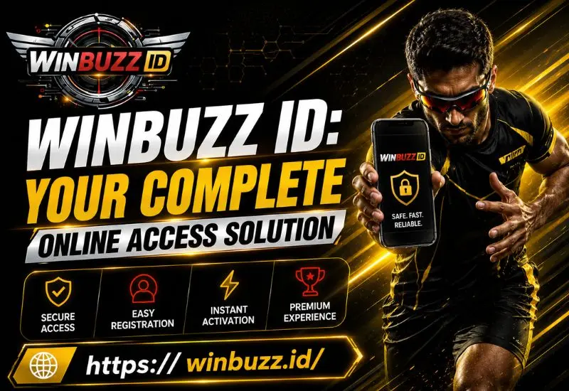 Sporty Winbuzz ID banner with athlete holding smartphone, bold headline, and glowing black-gold tech theme.