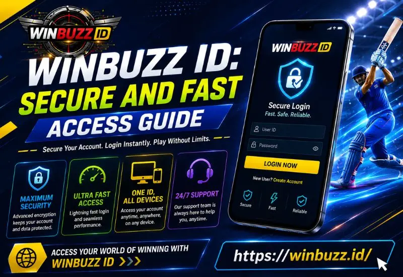 High-energy Winbuzz ID banner featuring secure login interface, fast access highlights, and a cricket player with neon motion effects.