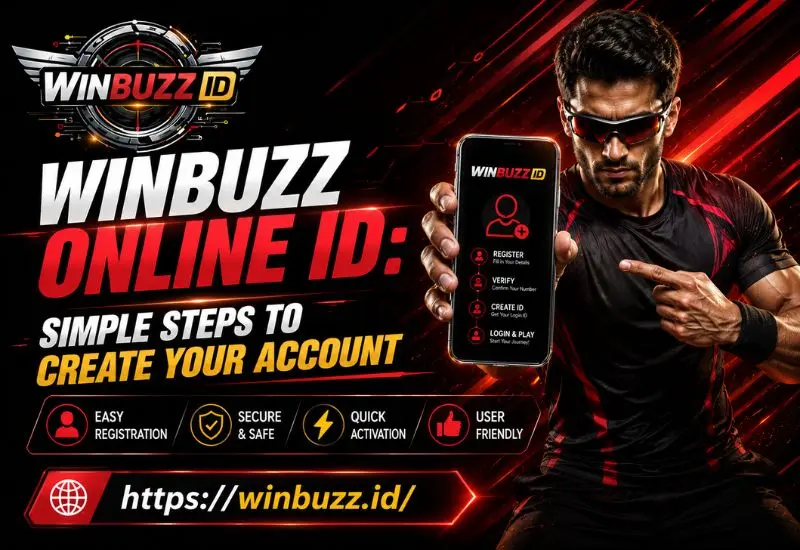 Sporty Winbuzz Online ID banner with athlete holding smartphone, bold red-black theme, and glowing modern UI elements.