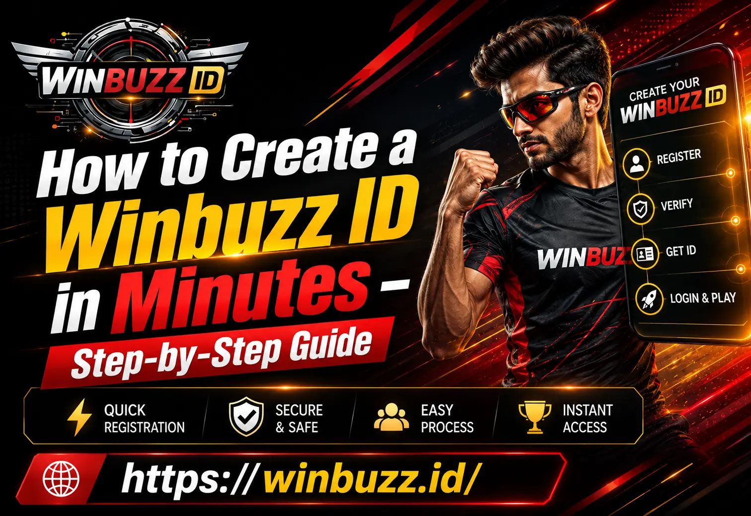 High-energy Winbuzz ID guide banner with cricket player and tech design